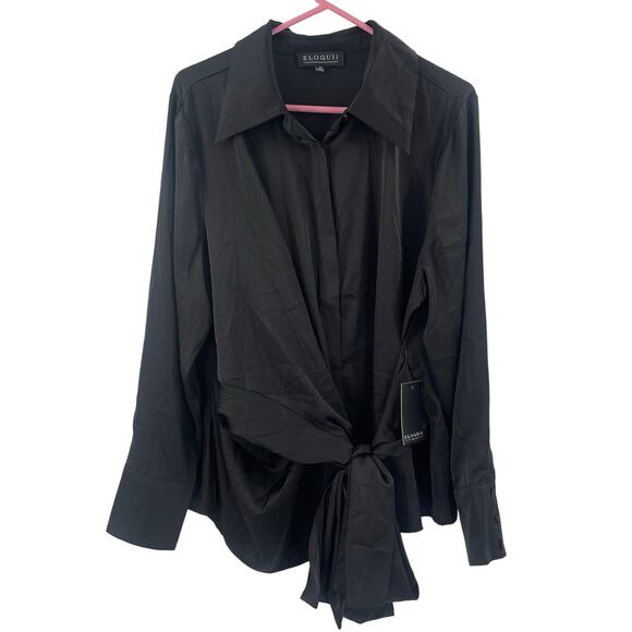 ELOQUII Blouse Size 18 Black Button Down Shirt Tie Waist Wrap Satin NWT Top - Picture 1 of 14